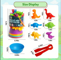 Montessori dinosaur sorting and counting toy, color sorting, fine motor skills.