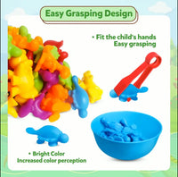 Montessori dinosaur sorting and counting toy, color sorting, fine motor skills.