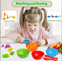 Montessori dinosaur sorting and counting toy, color sorting, fine motor skills.