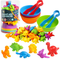 Montessori dinosaur sorting and counting toy, color sorting, fine motor skills.