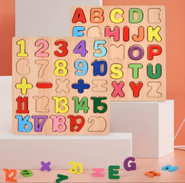 Wooden alphabet and numbers puzzle.