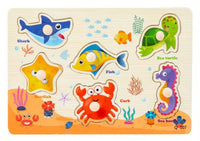 Wooden Montessori puzzle with fruit, ocean, insects and transport, 4 in 1.