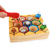 Finger dexterity toy, bee-to-hive clamp game, Montessori wooden puzzle.