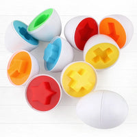 Educational egg puzzles with 6 and 12 pieces, teaching colors, shapes, and recognition sorting skills.