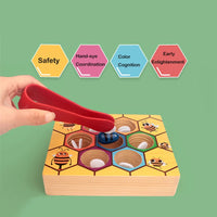 Finger dexterity toy, bee-to-hive clamp game, Montessori wooden puzzle.