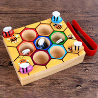 Finger dexterity toy, bee-to-hive clamp game, Montessori wooden puzzle.