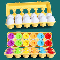 Educational egg puzzles with 6 and 12 pieces, teaching colors, shapes, and recognition sorting skills.