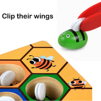 Finger dexterity toy, bee-to-hive clamp game, Montessori wooden puzzle.