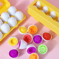 Educational egg puzzles with 6 and 12 pieces, teaching colors, shapes, and recognition sorting skills.