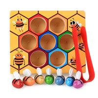 Finger dexterity toy, bee-to-hive clamp game, Montessori wooden puzzle.