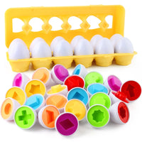 Educational egg puzzles with 6 and 12 pieces, teaching colors, shapes, and recognition sorting skills.